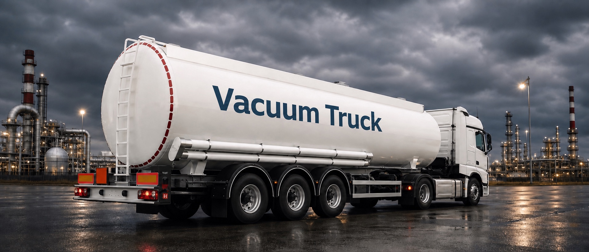 Bela cisterna sa plavim natpisom Vacuum Truck